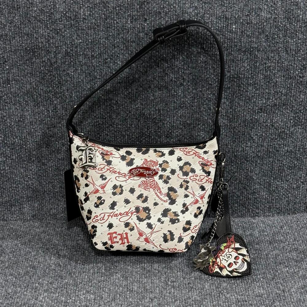 Ed Hardy Shoulder Bag Womens Small Multicolor Leopard Skull Charm Faux Leather